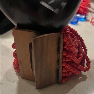 Red Beaded Bracelet with Wooden Accent